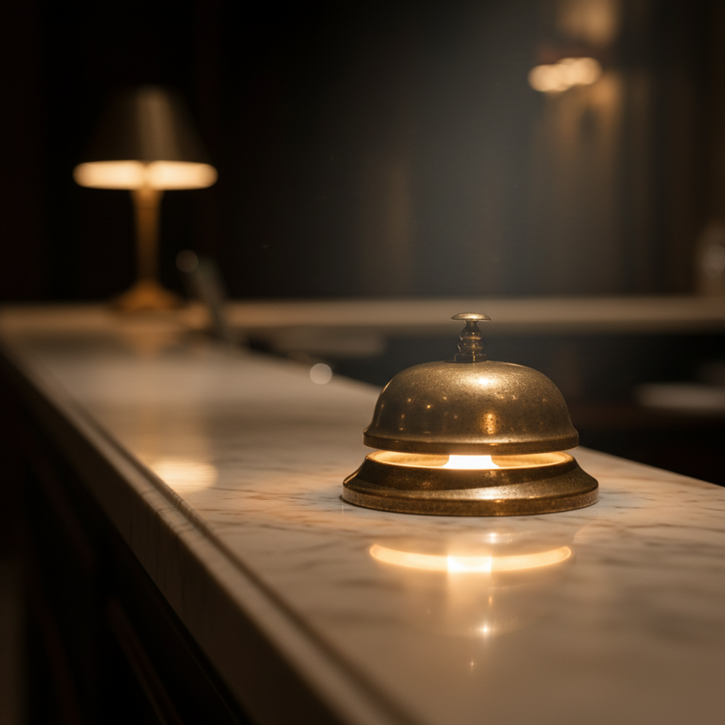 Cinematic macro of an antique brass concierge bell on polished cream marble counter, soft warm pale-yellow glow emanating from inside the bell — representing the best SEO tools for hotels