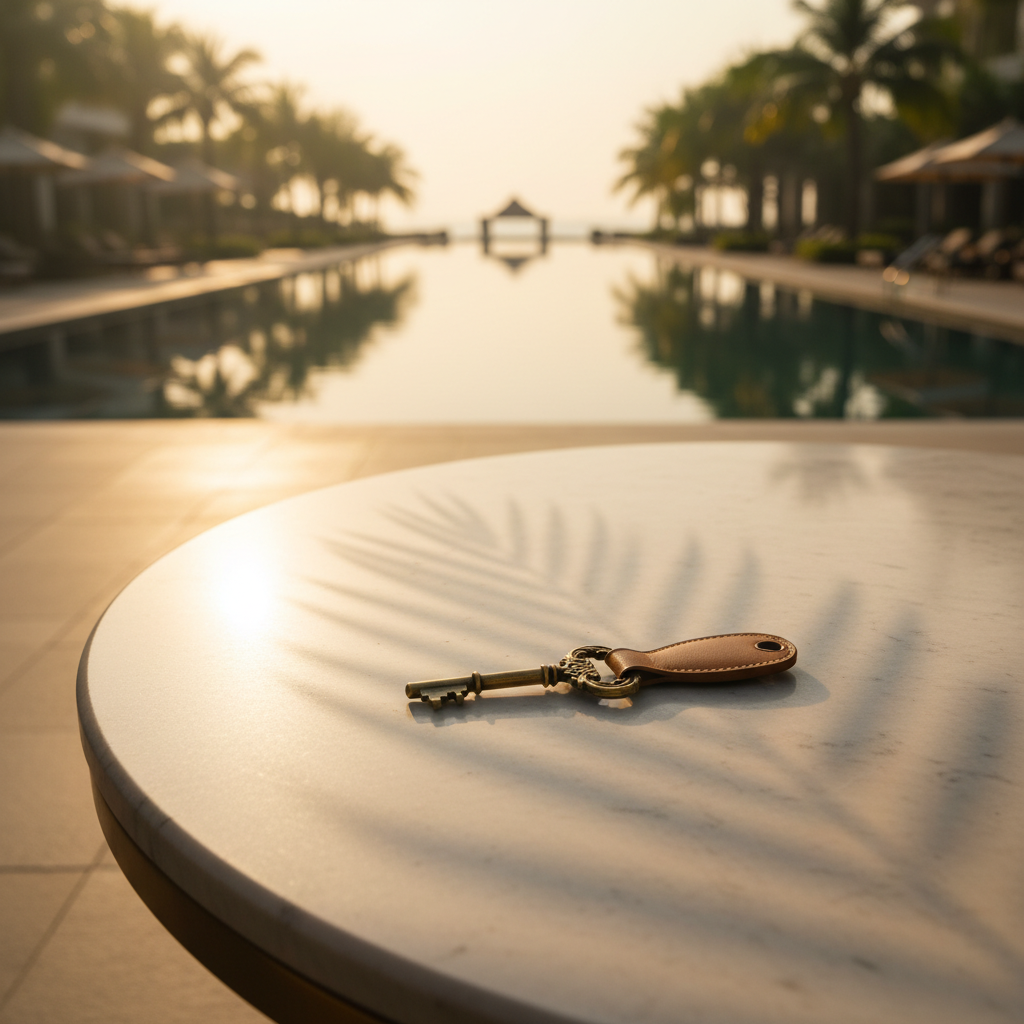 Cinematic golden-hour resort scene with a single ornate brass hotel key and leather fob on a cream marble poolside table, palm leaf shadow falling across, infinity pool in background — representing luxe resort SEO services