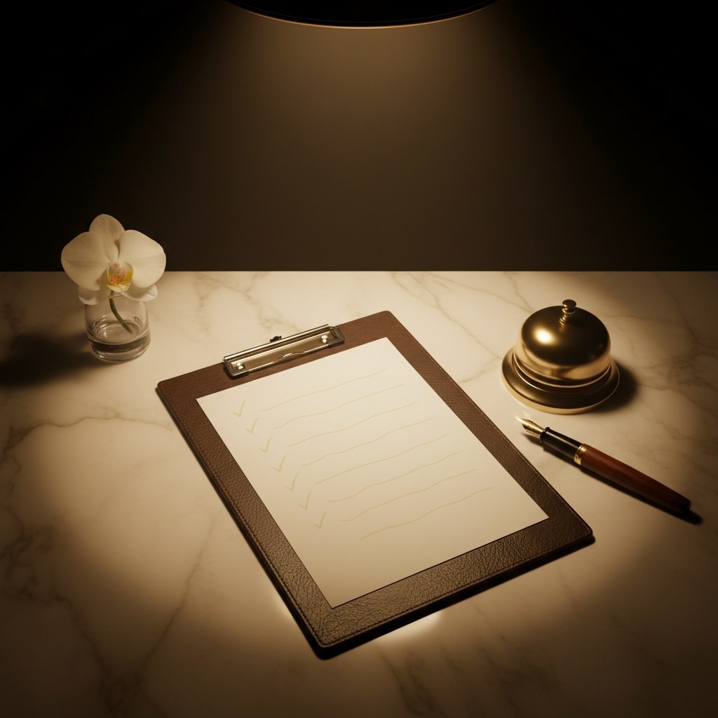 Cinematic overhead of a cream marble hotel concierge counter with a leather-bound clipboard marked with pale-yellow ink checkmarks, brass concierge bell, fountain pen, and a single white orchid in a small vase — representing the 21-item hotel SEO checklist for direct bookings
