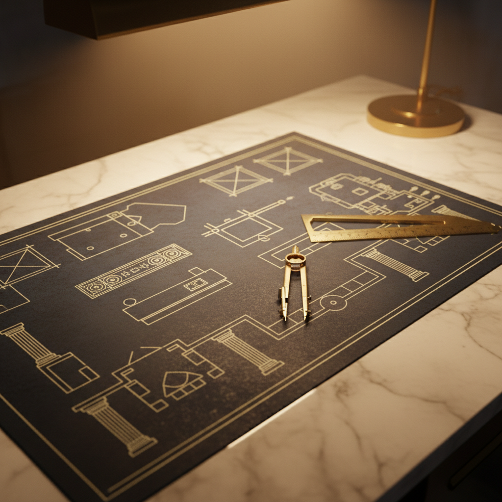 Cinematic overhead of an architectural blueprint of a grand hotel lobby floor plan on cream marble — soft pale-yellow lines showing reception, columns, seating as abstract architectural symbols, brass T-square and compass — representing SEO website design for hotels