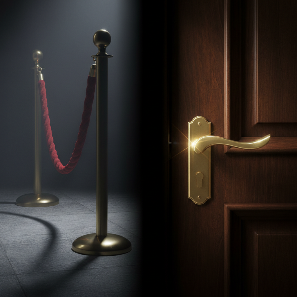 Cinematic split-frame: red velvet rope on brass stanchions in dim grey on the left, polished brass door handle on dark mahogany lit warm pale-yellow on the right — representing the shift from FAQ rich results to Hotel and LodgingBusiness schema