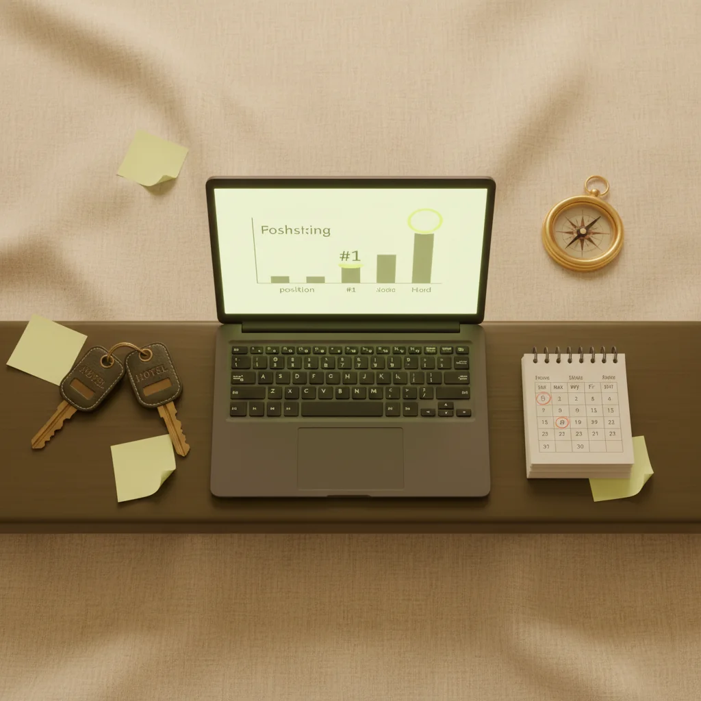LobbyRank illustration: hotel SEO company evaluation with laptop rankings, brass key cards and booking calendar in dark olive and warm yellow editorial style