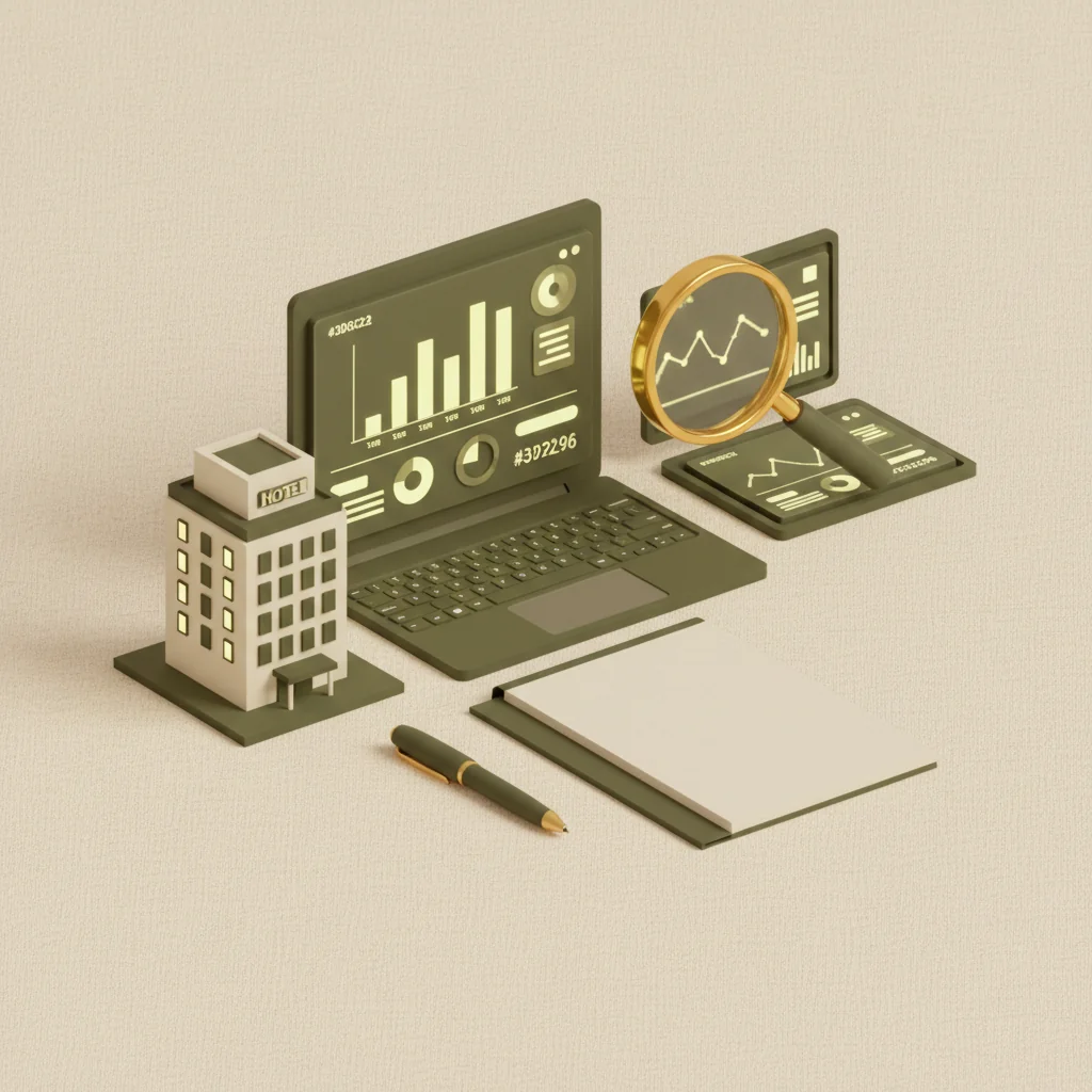 LobbyRank illustration: hotel SEO toolkit flat-lay with laptop analytics dashboard, gold magnifying glass and hotel model in dark olive and warm yellow editorial style
