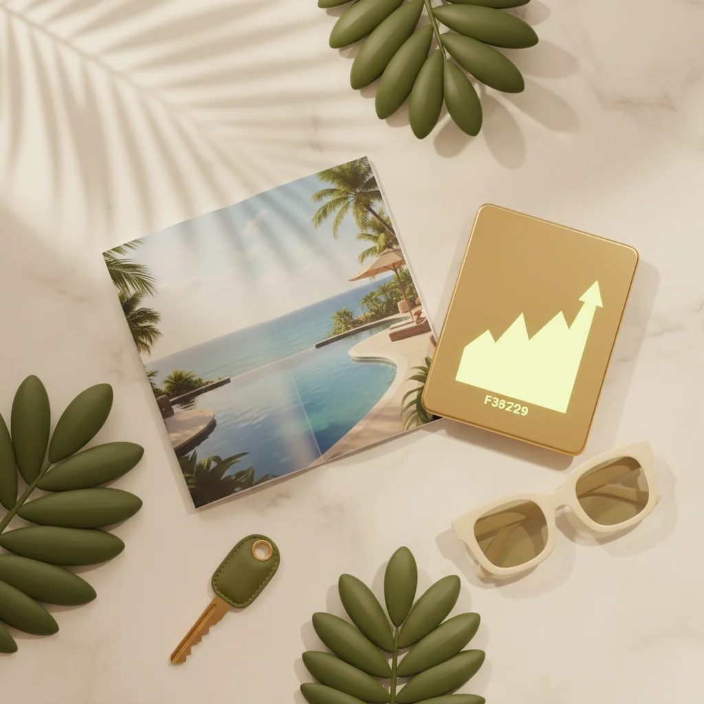 LobbyRank illustration: resort SEO editorial scene with infinity pool brochure, tropical palm leaves, analytics tablet and brass hotel key in dark olive and warm yellow style