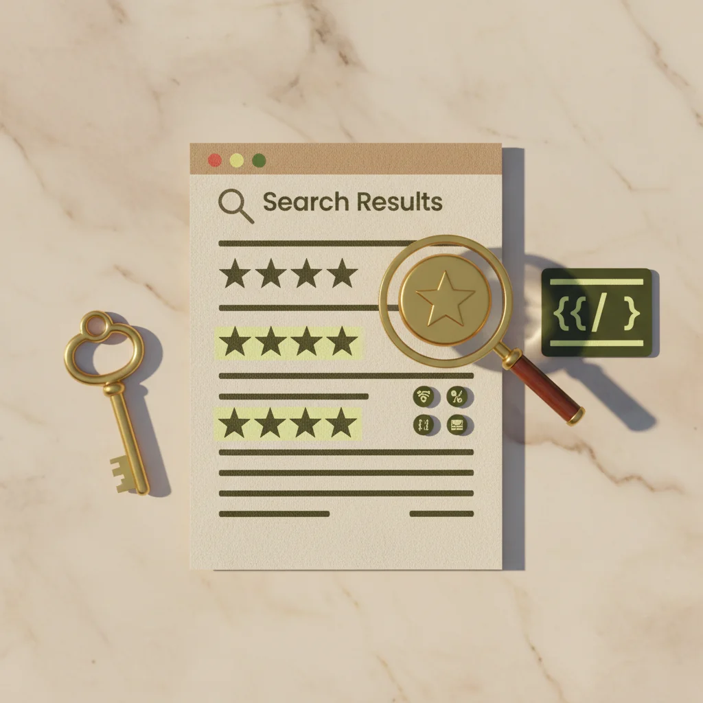 LobbyRank illustration: hotel schema SEO flat-lay with search results page, star ratings, brass hotel key and JSON code card in dark olive and warm yellow editorial style