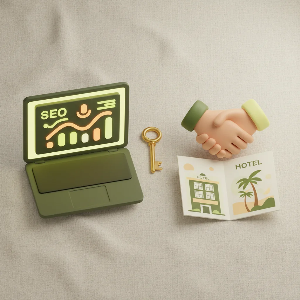 LobbyRank illustration: hotel SEO software vs agency decision scene with laptop dashboard, brass hotel key and handshake over brochure in dark olive and warm yellow editorial style
