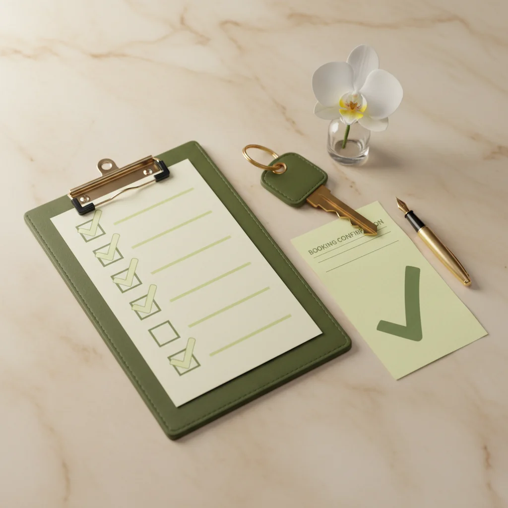 LobbyRank illustration: hotel SEO checklist flat-lay with leather clipboard, brass hotel key, booking confirmation and orchid in dark olive and warm yellow editorial style