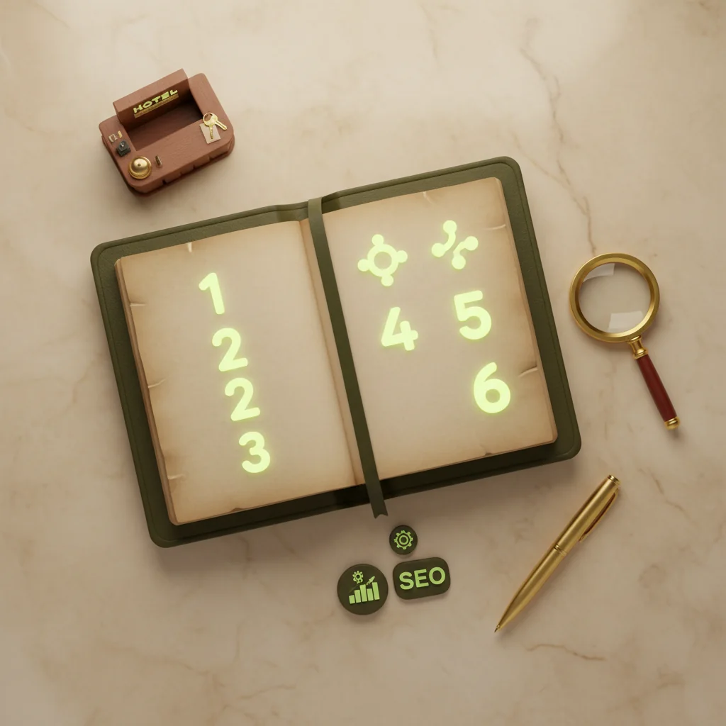 LobbyRank illustration: hotel SEO step-by-step guide scene with open leather guide book, numbered steps, hotel reception model and brass magnifying glass in dark olive and warm yellow editorial style