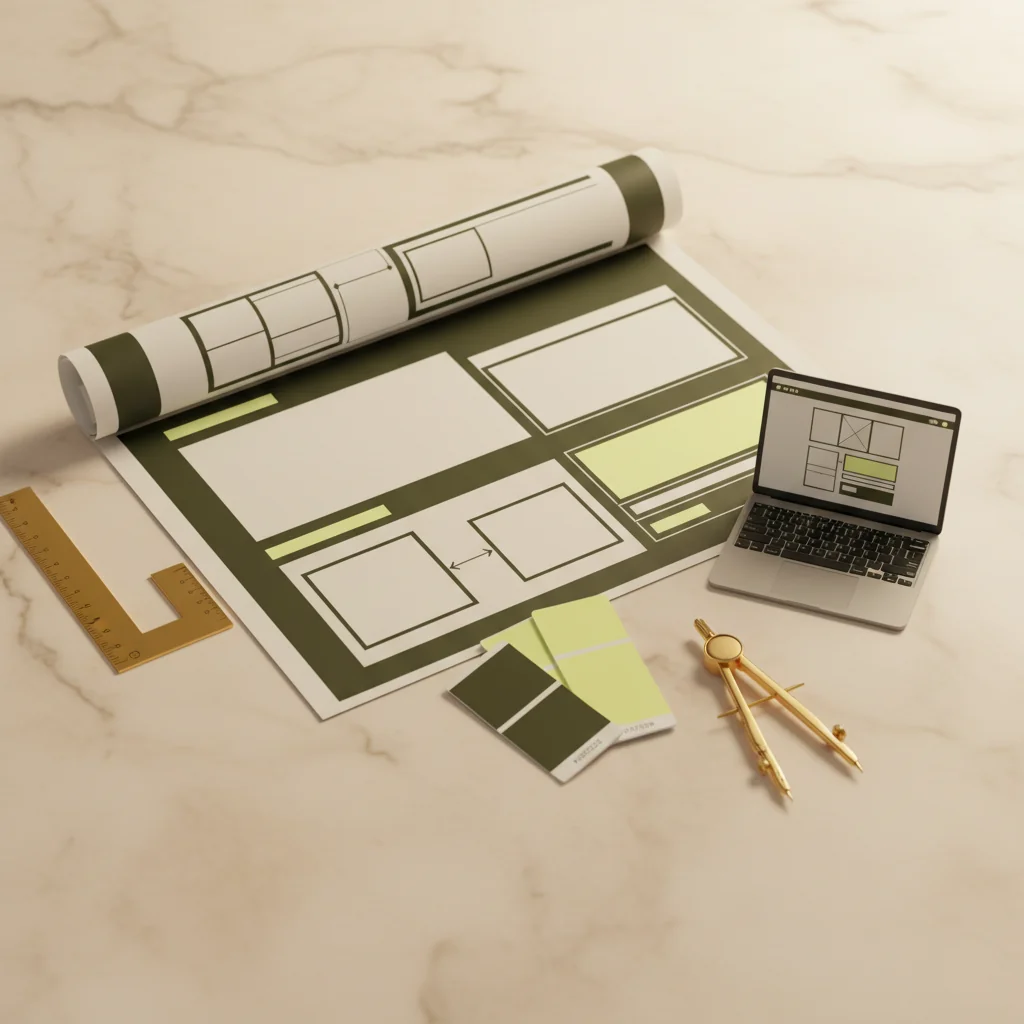 LobbyRank illustration: hotel website design editorial flat-lay with wireframe blueprint, brass T-square ruler, gold compass, design swatches and laptop wireframe in dark olive and warm yellow editorial style